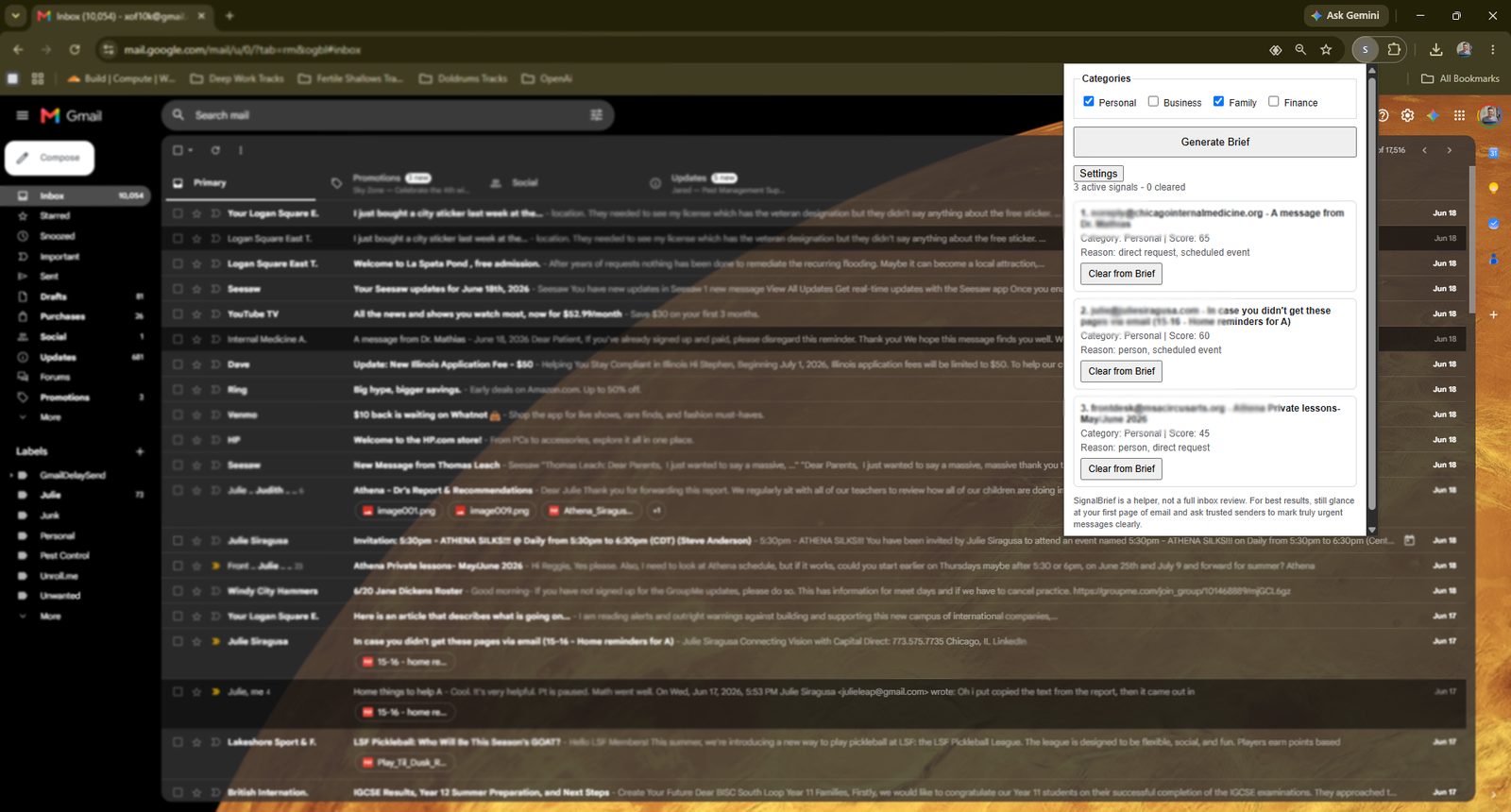 SignalBrief popup showing top three signals over Gmail