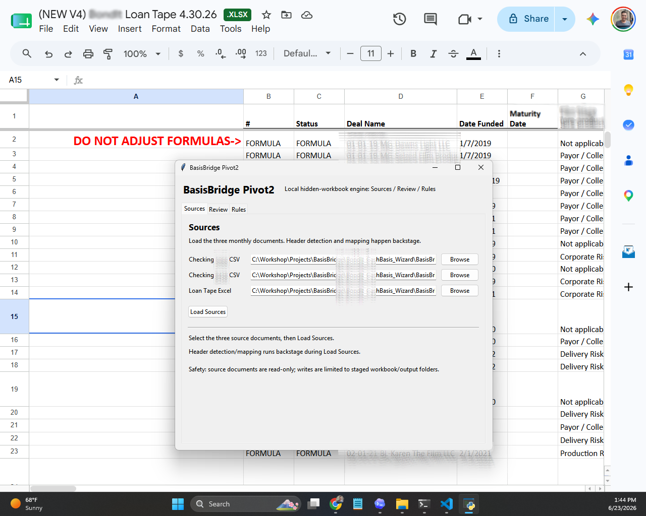 BasisBridge Sources screen showing monthly file selection