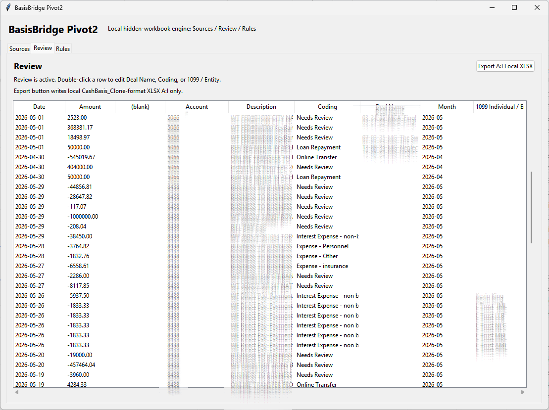BasisBridge output screen showing clean workbook-shaped export preview